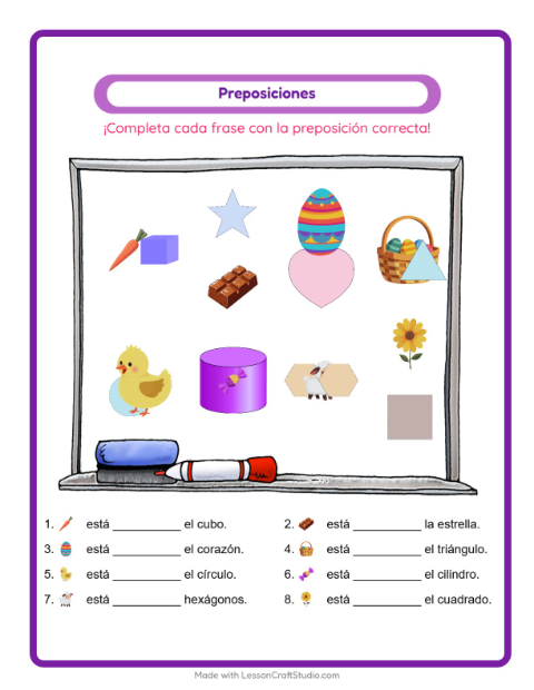 Vista previa de la hoja de Preposiciones con Pascua para jardín infantil