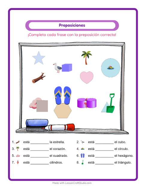 Vista previa de la hoja de Preposiciones con Playa para jardín infantil