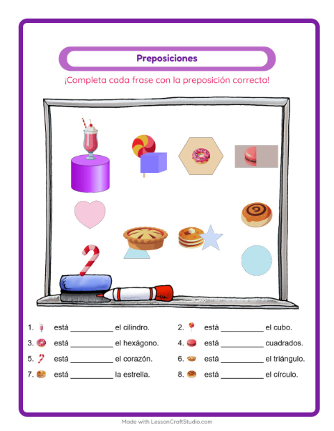 Vista previa de la hoja de Preposiciones con Postres y dulces para jardín infantil