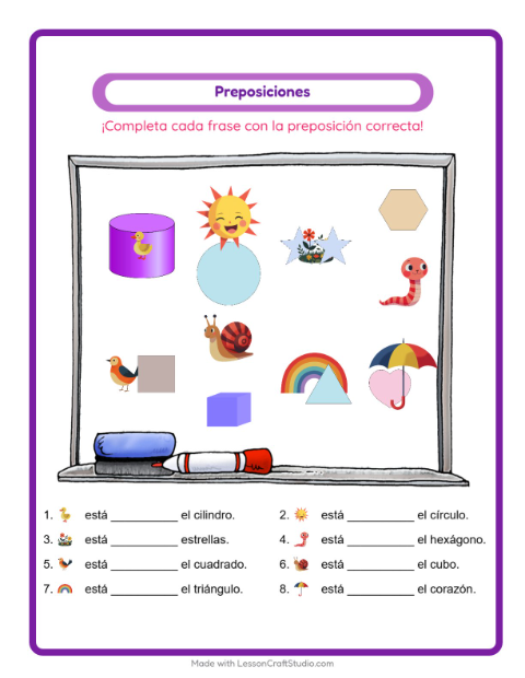 Vista previa de la hoja de Preposiciones con Primavera para jardín infantil