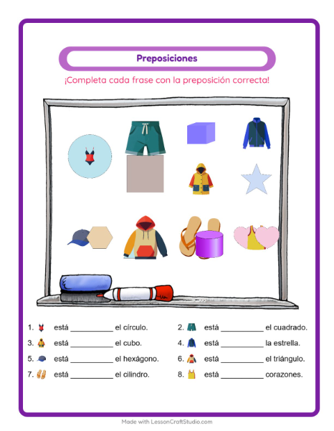 Vista previa de la hoja de Preposiciones con Ropa para jardín infantil
