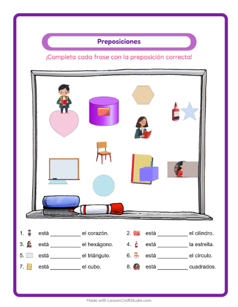 Vista previa de la hoja de Preposiciones con Salón de clases para jardín infantil