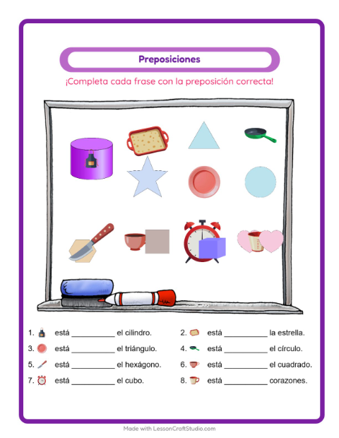 Vista previa de la hoja de Preposiciones con Utensilios de cocina para jardín infantil