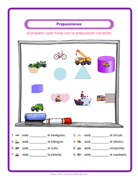 Vista previa de la hoja de Preposiciones con Vehículos para jardín infantil