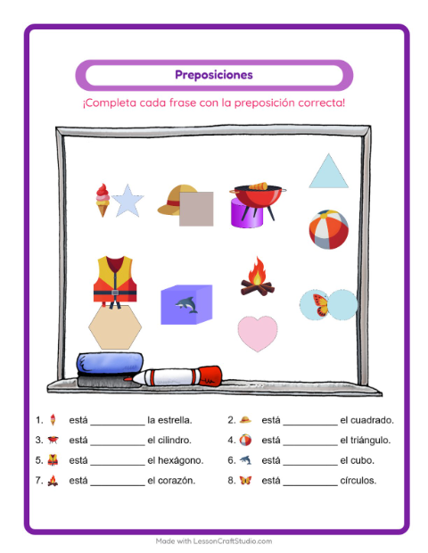 Vista previa de la hoja de Preposiciones con Verano para jardín infantil