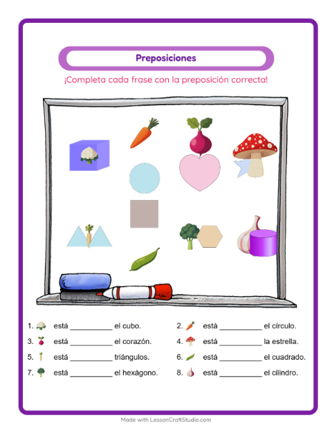 Vista previa de la hoja de Preposiciones con Verduras para jardín infantil