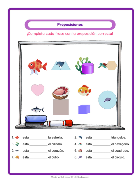 Vista previa de la hoja de Preposiciones con Vida marina para jardín infantil