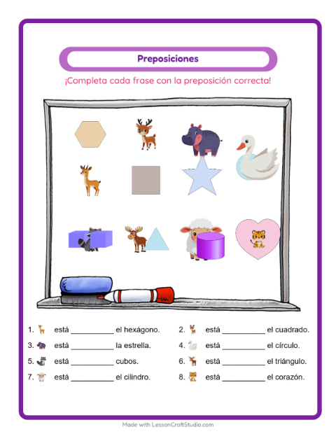 Vista previa de la hoja de Preposiciones para jardín infantil