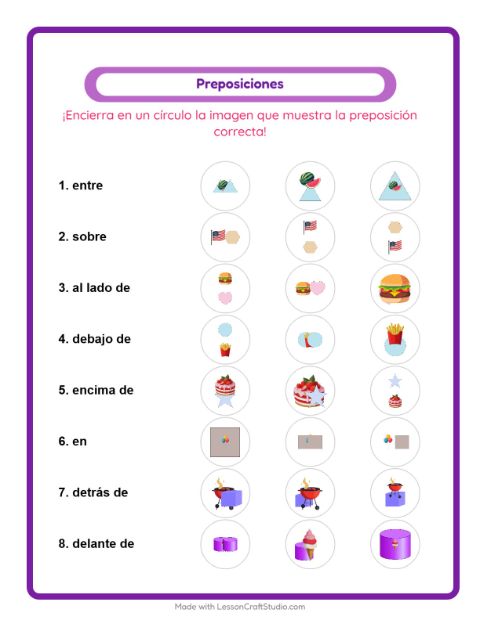 Vista previa de la hoja de Preposiciones con 4 de Julio para jardín infantil