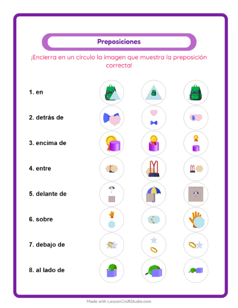 Vista previa de la hoja de Preposiciones con Accesorios para jardín infantil
