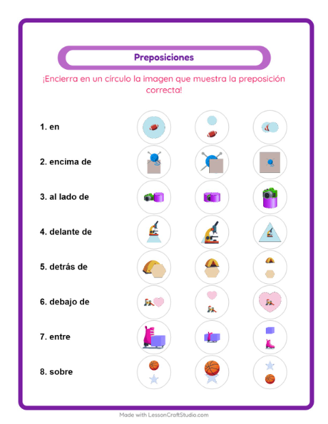 Vista previa de la hoja de Preposiciones con Actividades para jardín infantil