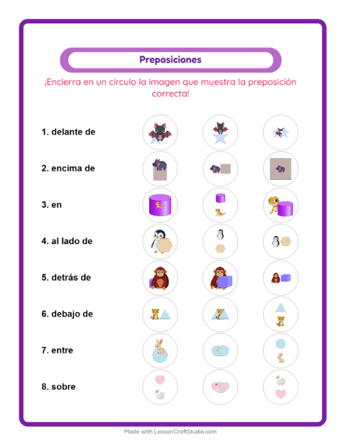 Vista previa de la hoja de Preposiciones con Animales para jardín infantil