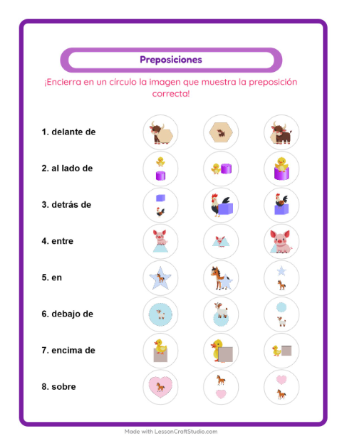 Vista previa de la hoja de Preposiciones con Animales de granja para jardín infantil