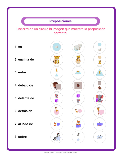 Vista previa de la hoja de Preposiciones con Animales del zoológico para jardín infantil