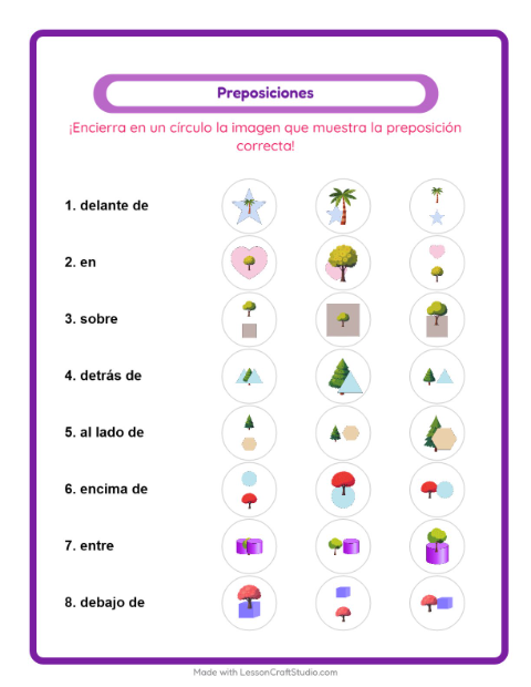 Vista previa de la hoja de Preposiciones con Árboles para jardín infantil