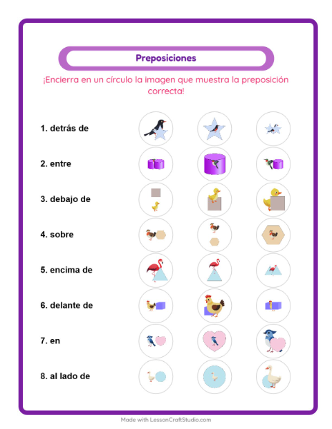 Vista previa de la hoja de Preposiciones con Aves 2 para jardín infantil