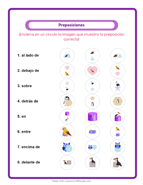 Vista previa de la hoja de Preposiciones con Aves para jardín infantil