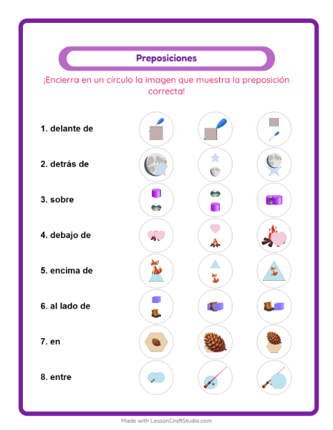 Vista previa de la hoja de Preposiciones con Campamento para jardín infantil