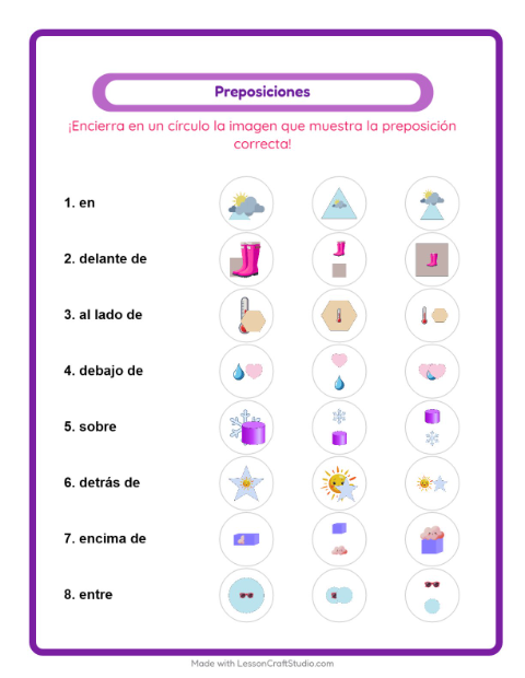 Vista previa de la hoja de Preposiciones con Clima para jardín infantil