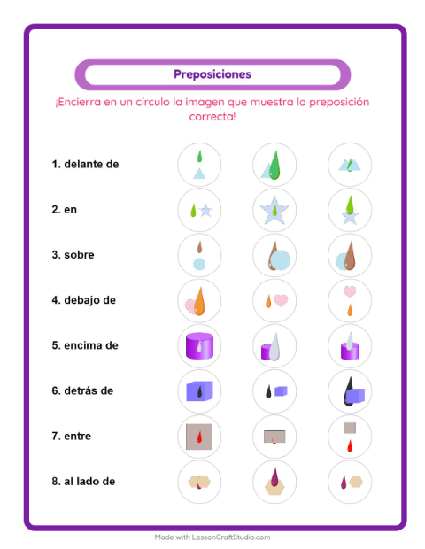 Vista previa de la hoja de Preposiciones con Colores para jardín infantil