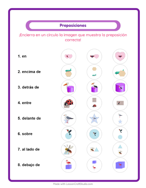 Vista previa de la hoja de Preposiciones con Cosas que vuelan para jardín infantil