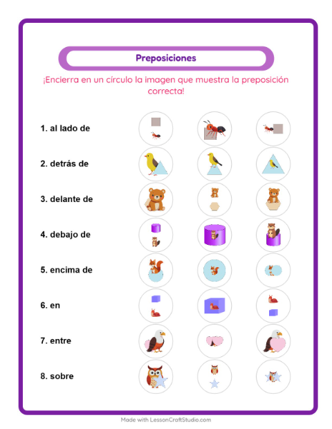 Vista previa de la hoja de Preposiciones con Criaturas del bosque para jardín infantil