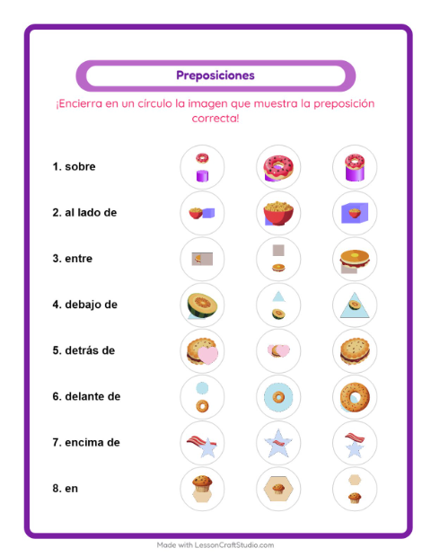 Vista previa de la hoja de Preposiciones con Desayuno para jardín infantil