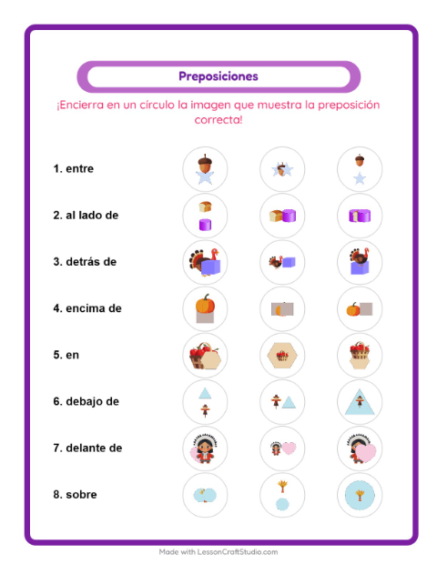 Vista previa de la hoja de Preposiciones con Día de Acción de Gracias para jardín infantil