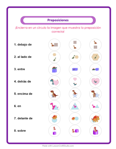 Vista previa de la hoja de Preposiciones con Dinosaurios para jardín infantil