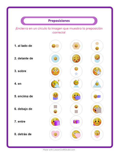 Vista previa de la hoja de Preposiciones con Emociones para jardín infantil