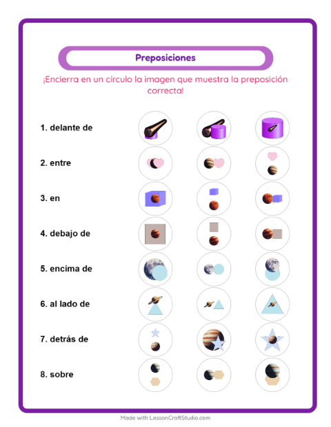 Vista previa de la hoja de Preposiciones con Espacio para jardín infantil