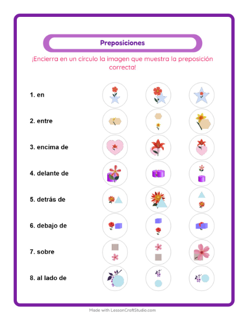 Vista previa de la hoja de Preposiciones con Flores para jardín infantil