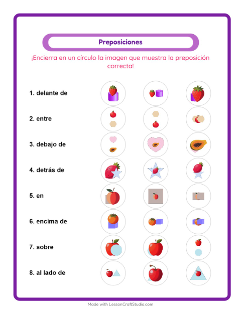 Vista previa de la hoja de Preposiciones con Frutas para jardín infantil