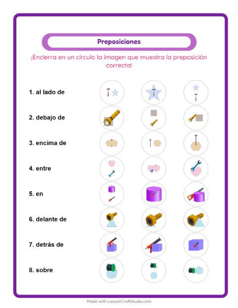 Vista previa de la hoja de Preposiciones con Herramientas para jardín infantil
