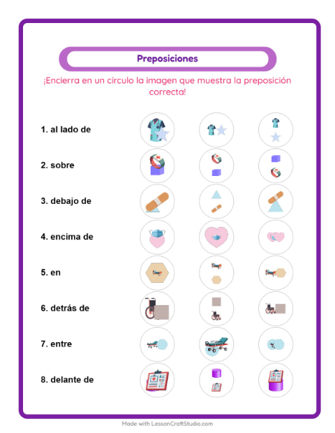 Vista previa de la hoja de Preposiciones con Hospital para jardín infantil