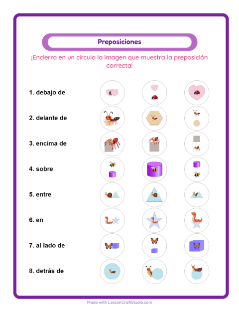 Vista previa de la hoja de Preposiciones con Insectos y bichos para jardín infantil