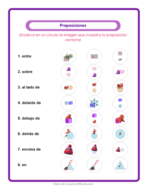 Vista previa de la hoja de Preposiciones con Invierno para jardín infantil