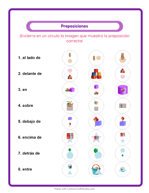 Vista previa de la hoja de Preposiciones con Juguetes para jardín infantil