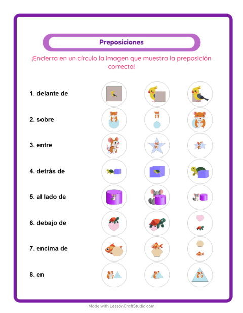 Vista previa de la hoja de Preposiciones con Mascotas para jardín infantil