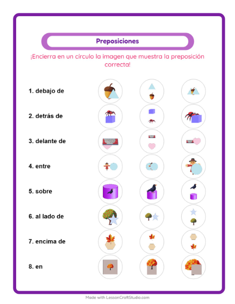 Vista previa de la hoja de Preposiciones con Misceláneo para jardín infantil