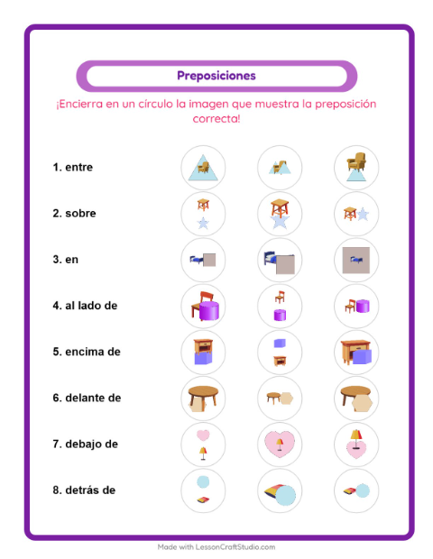 Vista previa de la hoja de Preposiciones con Muebles para jardín infantil