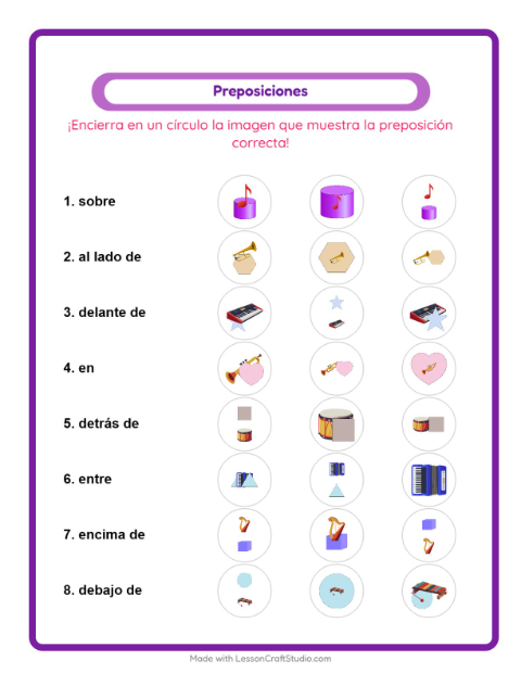 Vista previa de la hoja de Preposiciones con Música para jardín infantil