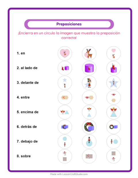 Vista previa de la hoja de Preposiciones con Navidad para jardín infantil