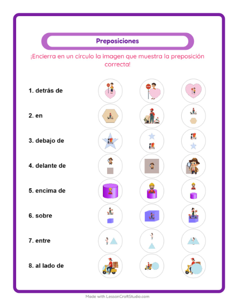 Vista previa de la hoja de Preposiciones con Ocupaciones para jardín infantil
