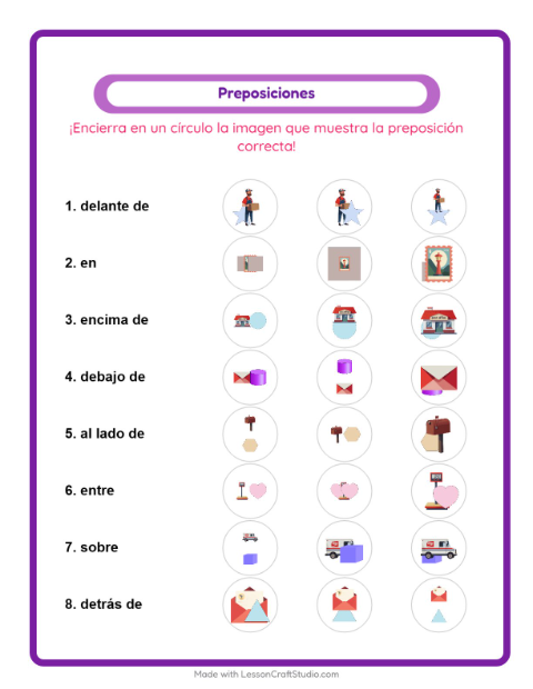 Vista previa de la hoja de Preposiciones con Oficina de correos para jardín infantil