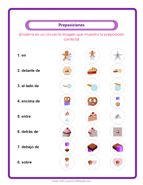 Vista previa de la hoja de Preposiciones con Panadería para jardín infantil
