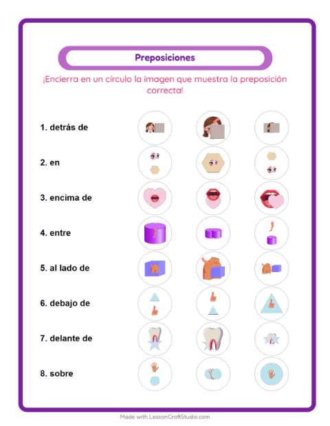 Vista previa de la hoja de Preposiciones con Partes del cuerpo para jardín infantil
