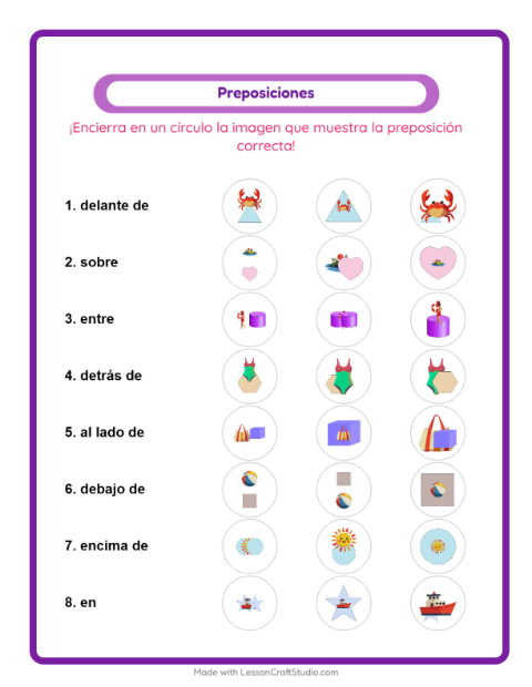 Vista previa de la hoja de Preposiciones con Playa para jardín infantil