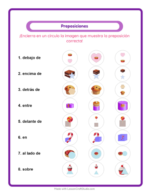 Vista previa de la hoja de Preposiciones con Postres y dulces para jardín infantil