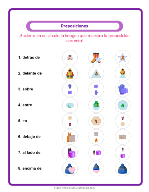 Vista previa de la hoja de Preposiciones con Ropa para jardín infantil